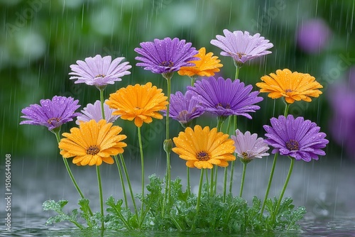 Rainfall drenching a flower garden with vibrant blooms