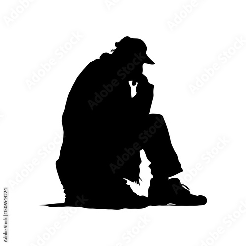 Black silhouette of a seated person wearing a cap, in a thoughtful pose against a white background, symbolizing contemplation. Concept of solitude and depression
