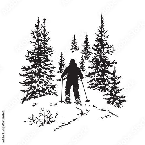 A person snowshoeing through deep snow minimal black silhouette