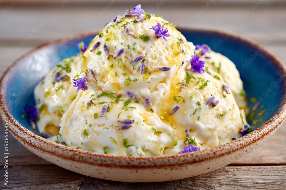 Macro photo: scoop of lavender artisanal ice cream with rich, creamy texture, distinct golden honey swirls, and edible flower garnish. Macro photo: scoop of lavender artisanal ice cream with rich, creamy texture, distinct golden honey swirls, and edible flower garnish.