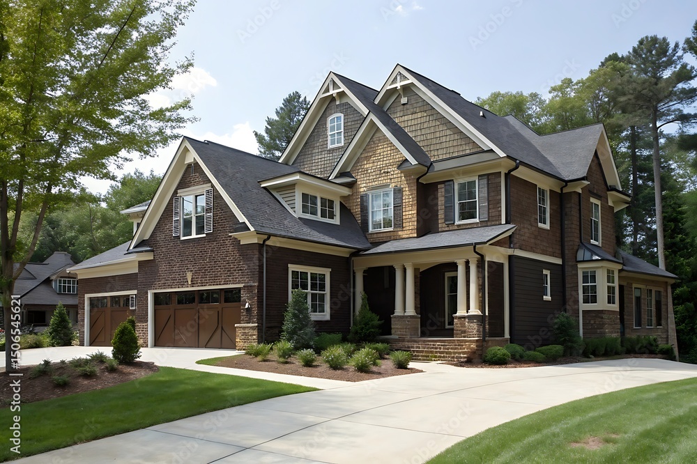 Elegant Beige Siding House with Red Brick and Trim Accents Elegant Beige Siding House with Red Brick and Trim Accents