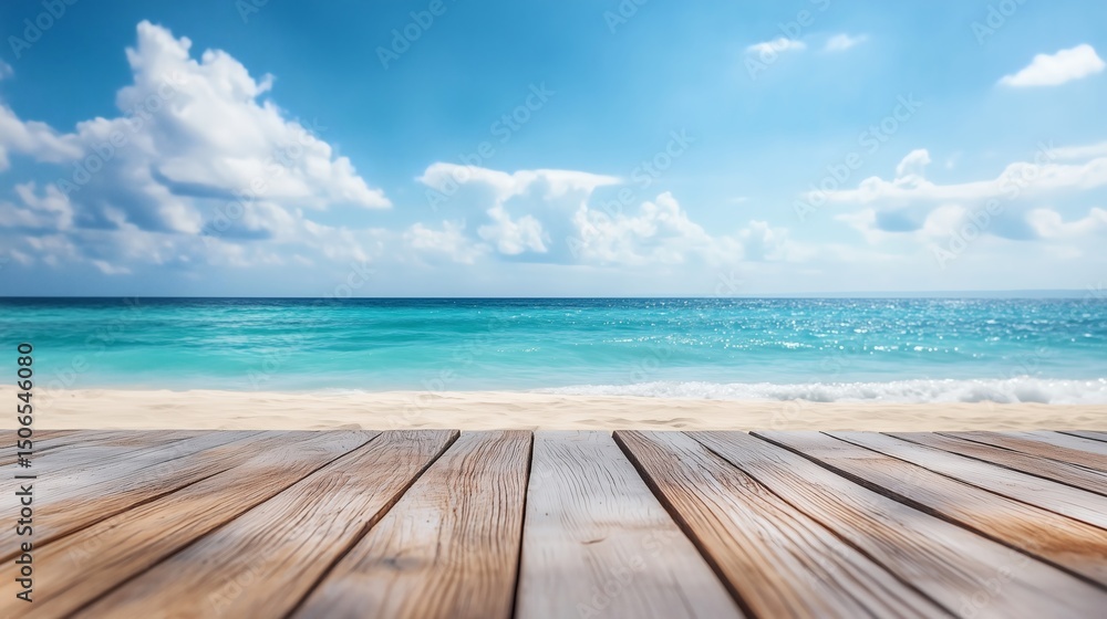 Fototapeta premium Wooden Table on Sunny Coastal Deck, Perfect for Product Display, with Beach View and Vibrant Summer Setting