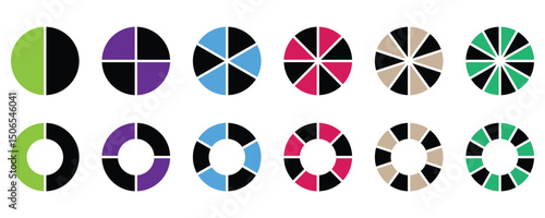 Pie charts diagram. Color pizza or donut round diagram. Circle pie chart icons. Set of different color circles isolated. Vector illustration isolated on white background. 