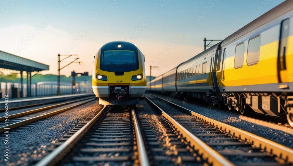 Naklejka premium Modern high speed train arriving at the station during a sunny day at dusk