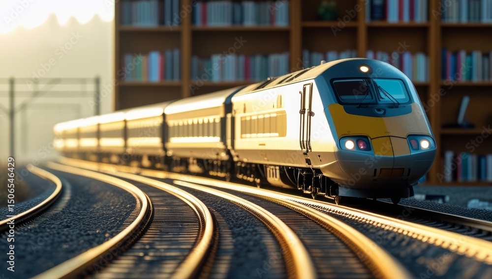 Naklejka premium High speed train departing on a rail track with a bookshelf background