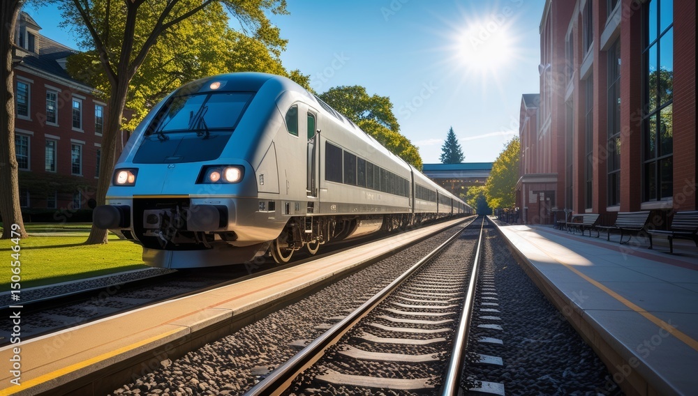 Fototapeta premium Modern Train Arriving at a Quaint Suburban Station on a Sunny Afternoon