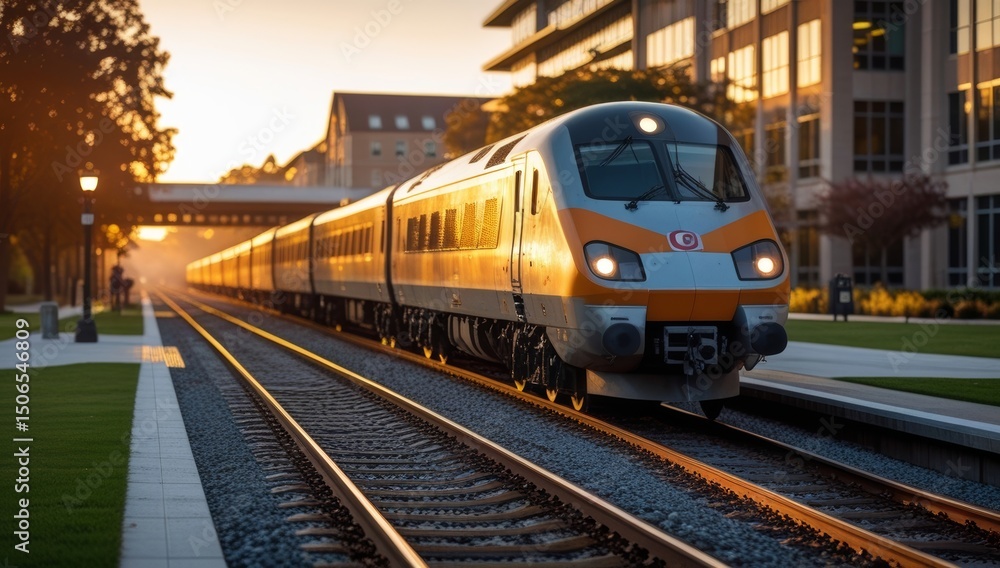 Fototapeta premium Modern electric passenger train arriving at the station during sunset with buildings
