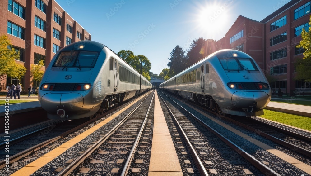Naklejka premium Modern trains parked side by side with railway tracks and station in the background