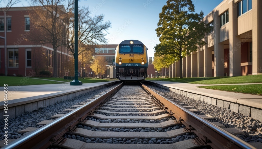 Obraz premium Modern Yellow Train Approaching on Tracks Surrounded by Green Campus Buildings