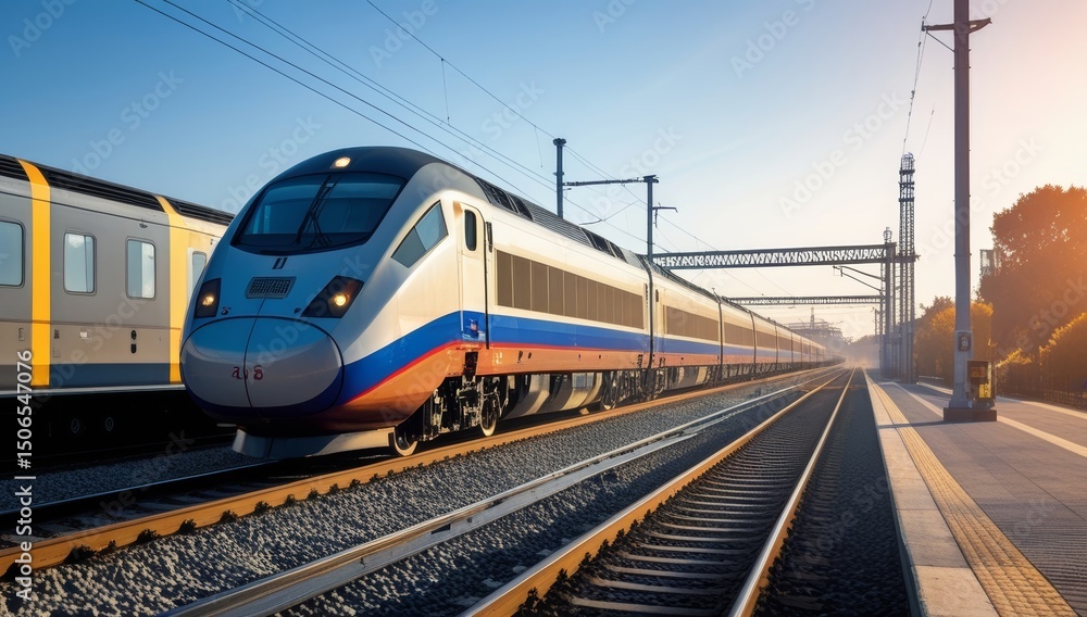 Naklejka premium Modern high speed train on railway station platform under the clear blue sky