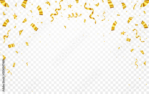 Celebration gold confetti background with ribbons and stars on transparent background. holiday, birthday, celebration party, confetti illustration.