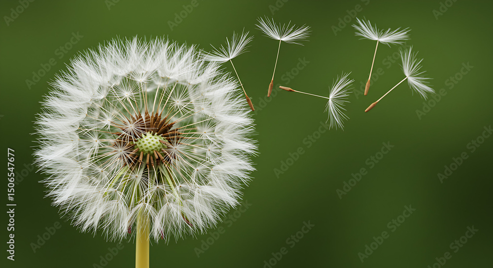 Fototapeta premium Airy dandelion seeds floating ethereally, enhancing a peaceful green meadow with natural spring beauty.