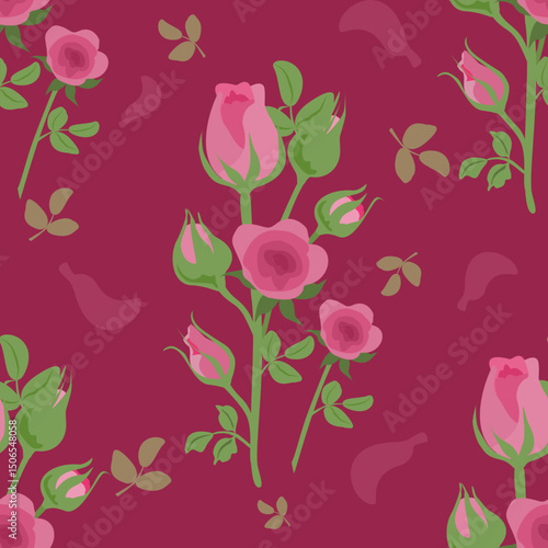 Vintage Pink Roses on Deep Red on Burgundy Background Seamless.