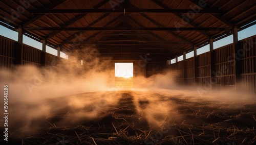 Ethereal light entering a wooden barn casting shadows on the misty floor