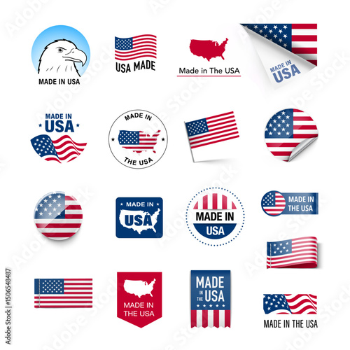 Set of flags, ribbons, signs made in USA for products. Vector illustration isolated on white background. Ready to use for your design, presentation, promo, ad. EPS10.
