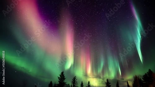 Wallpaper Mural Spectacular aurora borealis glows with vibrant pink and green hues over forest treetops under starry night sky, celestial lights and colors. Torontodigital.ca