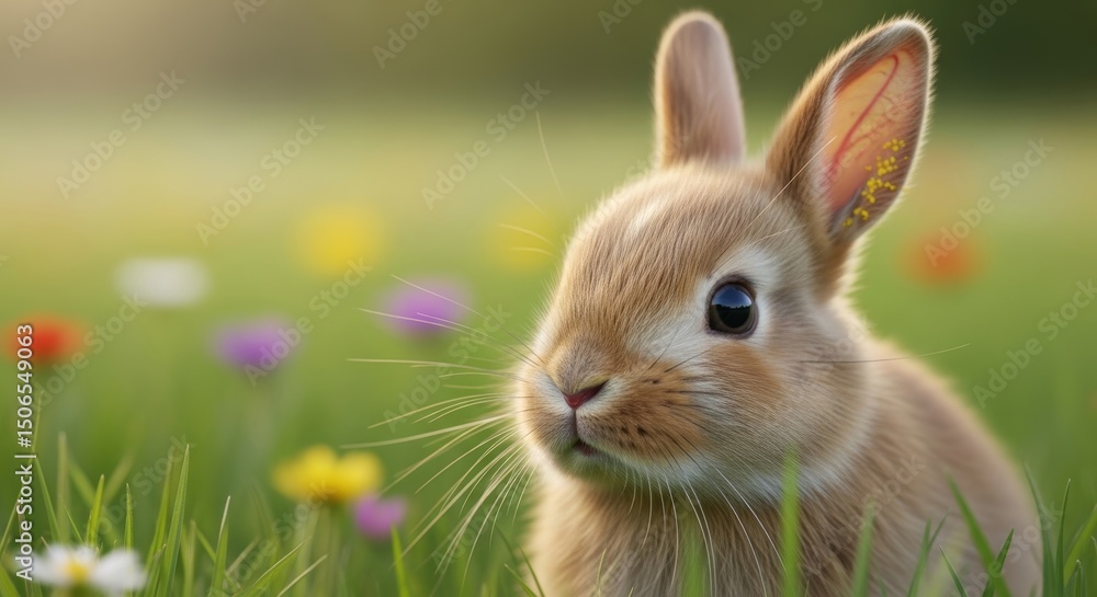 Cute rabbit sitting in a field of colorful flowers during spring Cute rabbit sitting in a field of colorful flowers during spring