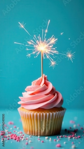 Single sparkler atop a cupcake, blue wall background, birthday, tasty, blue