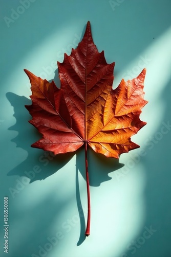 Sun-drenched dried leaf casts shadow, cobalt backdrop , design, artistic