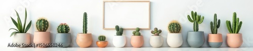 Various cacti in unique concrete pots, against a plain white wall with a blank frame, art, potted plants