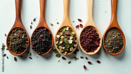 Variety of loose leaf teas in wooden spoons Light backdrop, overhead view , hibiscus, wooden spoons, copy space