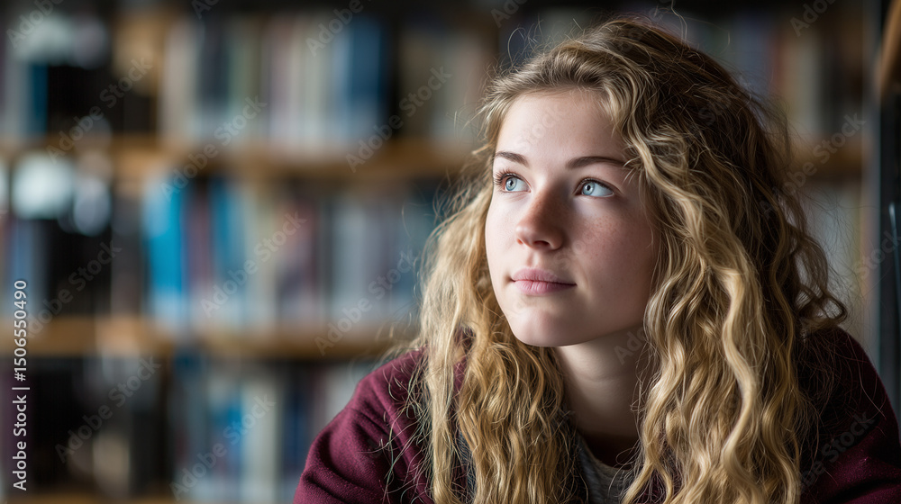 Fototapeta premium Young woman studying intently in a library, surrounded by books; the quiet pursuit of knowledge. Series.