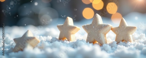 White star cookies on snowy background, copy space, snow, sugar