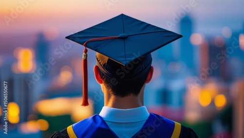 Graduate student contemplating future success with city skyline at dusk