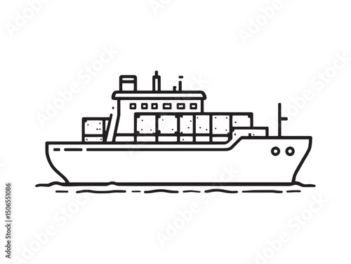Detailed cargo ship line drawing minimalist sea transport