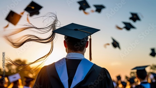 Graduation day celebrating achievement with mortarboards in the air at sunset