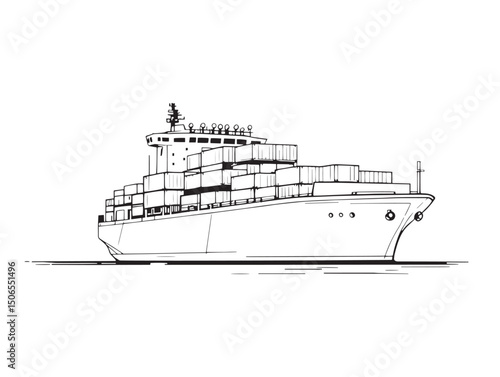 Cargo ship line art drawing for transport illustration