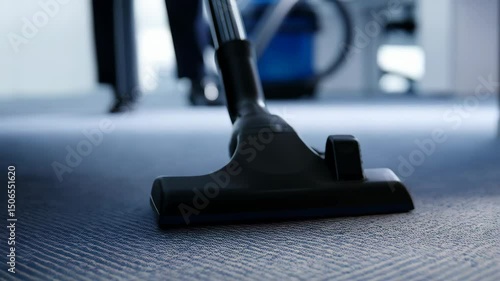Close-up view of vacuum cleaner cleaning textured blue carpet inside bright office setting. Cleaner wearing black shoes operating machine, maintaining clean environment.