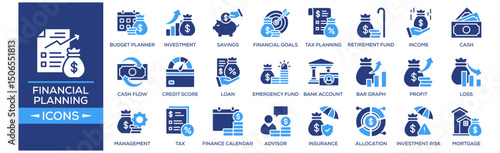 Financial Planning icon set. Containing design Budget Planner, Investment Chart, Savings, Financial Goals, Tax Planning. Solid icon collection.