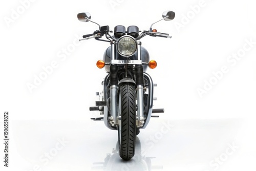 Classic Motorcycle Front View on White Background, Minimalist Style