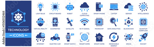 Technology and Innovation icon set. Containing design Light Bulb, Circuit Board, Robot, Cloud Computing, Smart Phone. Solid icon collection.