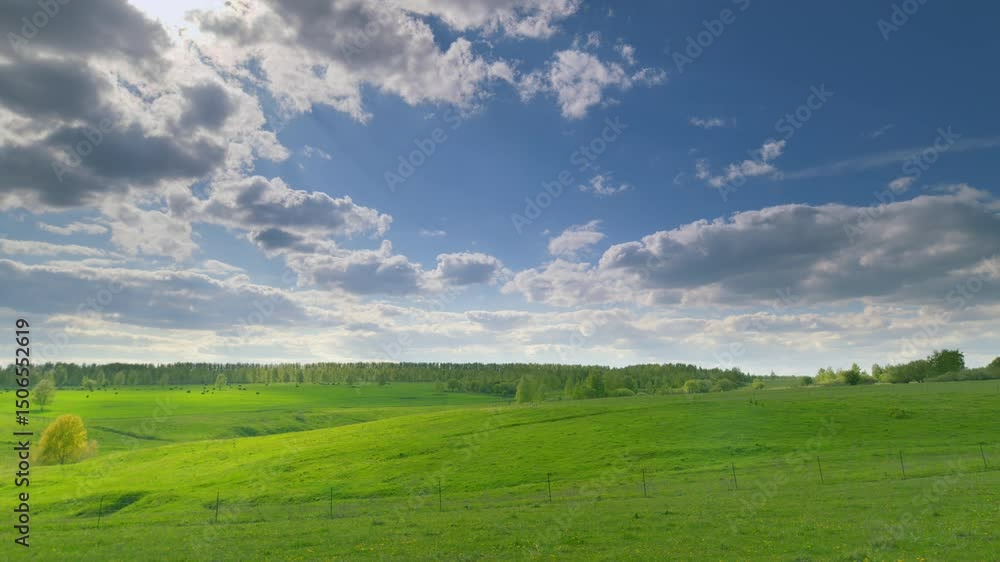 Lush Green Fields Spread Beneath a Bright and Clear Sky Full of Fluffy White Clouds Time lapse. Lush Green Fields Spread Beneath a Bright and Clear Sky Full of Fluffy White Clouds Time lapse.
