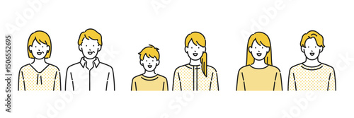 イラスト素材: シニア夫婦、シングルマザーの親子、若い男女の上半身の人物イラストセット