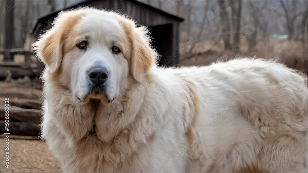 Portrait of a fluffy white Great Pyrenees dog with tan markings in a rural, rustic outdoor setting with wooden structures in the background Portrait of a fluffy white Great Pyrenees dog with tan markings in a rural, rustic outdoor setting with wooden structures in the background