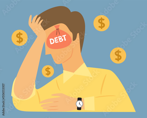 Business man headaches with debt burden. Illustration Vector Cartoon.