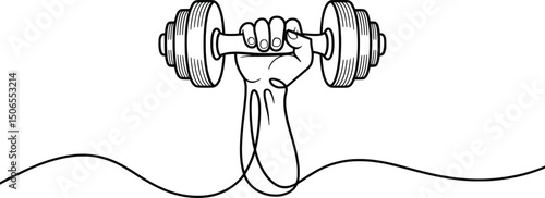 Strong Hand Lifting Dumbbell Line Art Vector Illustration.