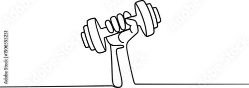 Strong Hand Lifting Dumbbell Line Art Vector Illustration.