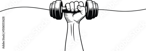 Strong Hand Lifting Dumbbell Line Art Vector Illustration.