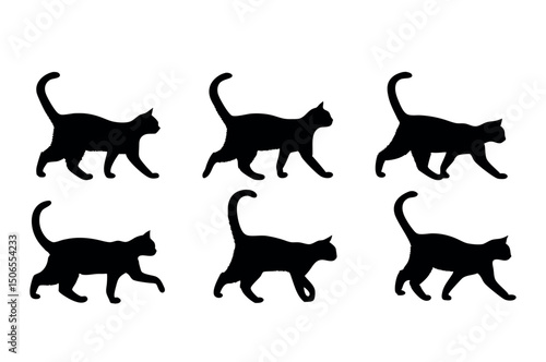 Walking and Stalking Cat Silhouettes – Black Profile Cats in Motion, Dynamic Poses Vector

