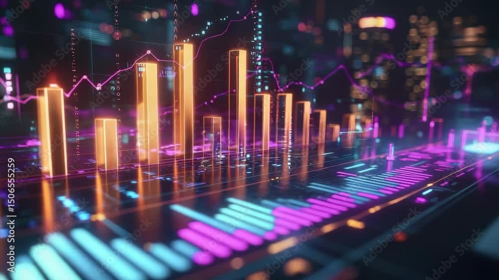 A vibrant digital 3D bar graph and line chart visualizing financial data in a futuristic, neon-lit environment. A vibrant digital 3D bar graph and line chart visualizing financial data in a futuristic, neon-lit environment.