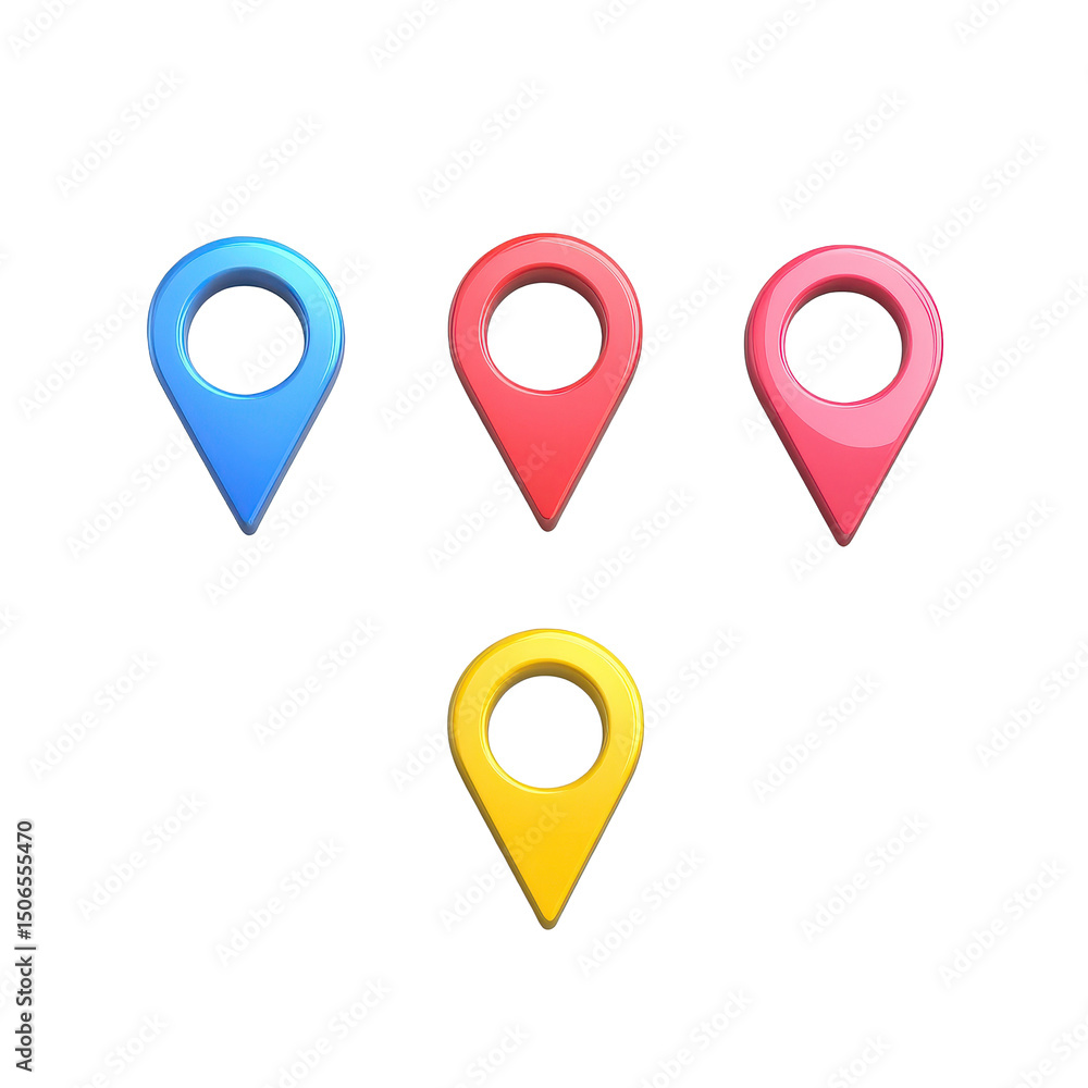 Fototapeta premium Colorful location pin icons in various shades displayed on a clean Transparent background for navigation purposes, colorful location pin icons isolated on PNG background