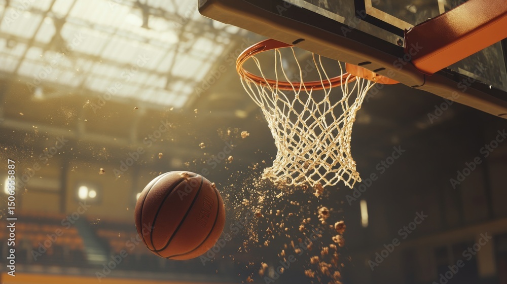 Fototapeta premium An action shot of a basketball going through the hoop, with the ball in mid-flight and the net swishing, set against a gymnasium background.