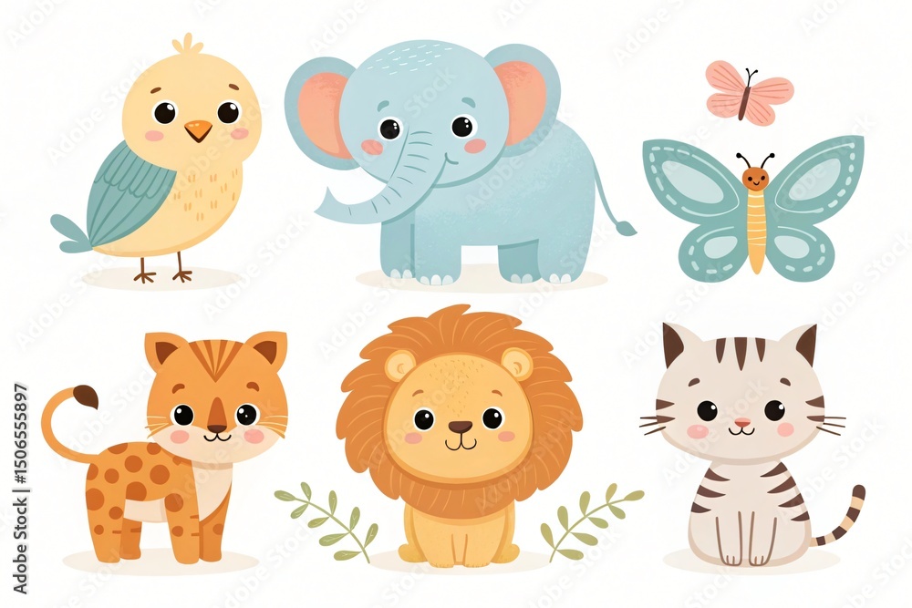 Naklejka premium Adorable Cartoon Animals Set Elephant Lion Cat Bird Butterflies Cute Wildlife Illustration
