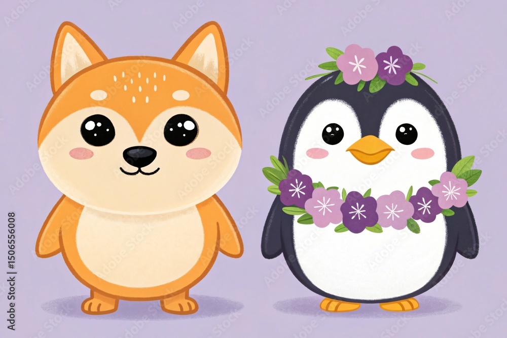 Adorable Cartoon Shiba Inu and Penguin with Flowers Cute Animal Illustration Children s Book Adorable Cartoon Shiba Inu and Penguin with Flowers Cute Animal Illustration Children s Book