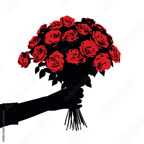 A hand holding a bouquet of red roses in silhouette style on a white background, representing love, romance, or celebration flower delivery concept