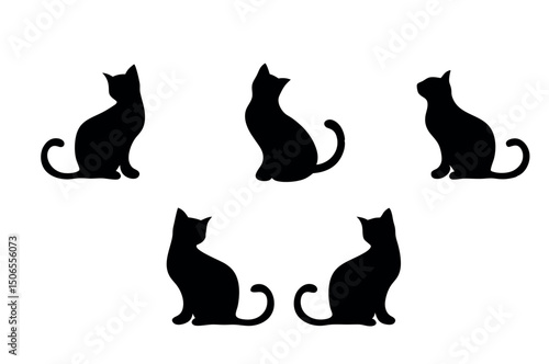Sitting Cat Silhouettes Vector – Black Feline Poses, Curled Tails, Alert Ears, Sticker Design